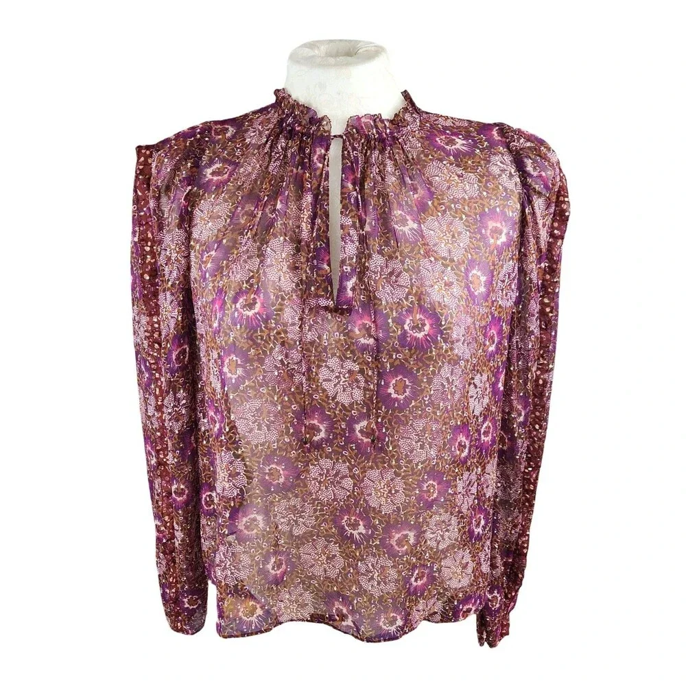 Ulla Johnson Marilla Blouse Silk Floral Sheer Ruffle Metallic Pink Top 8